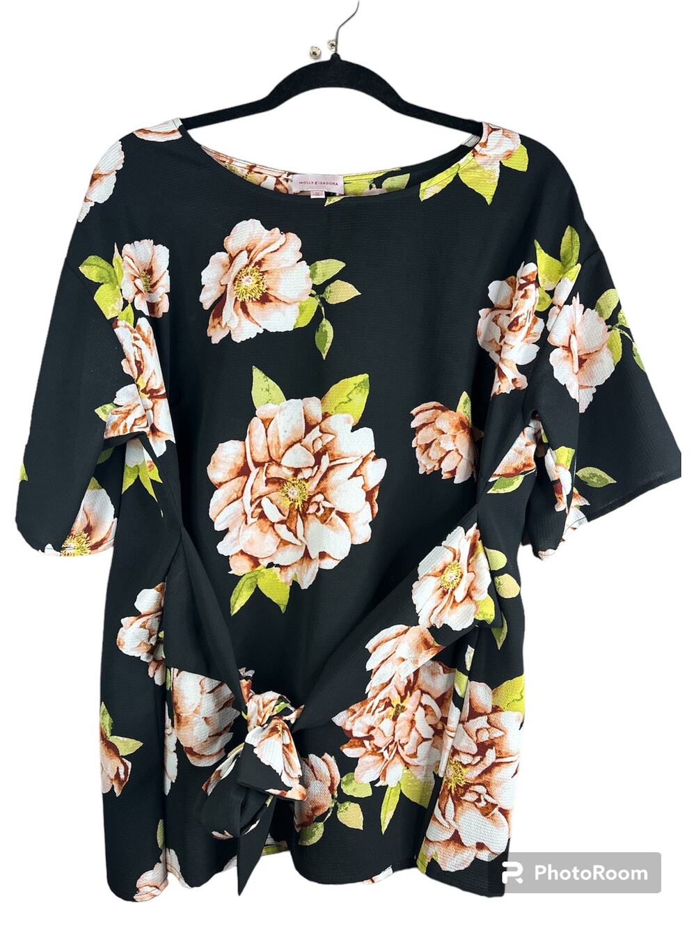 Molly Isadora Black Floral Print Short Sleeve Tie Waist Tunic Blouse Size 0X